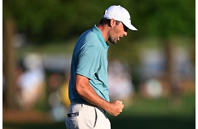 Scottie Scheffler celebrates the final-hole birdie that gives him a three-shot lead heading into the final round of the 2025 PGA Championship.