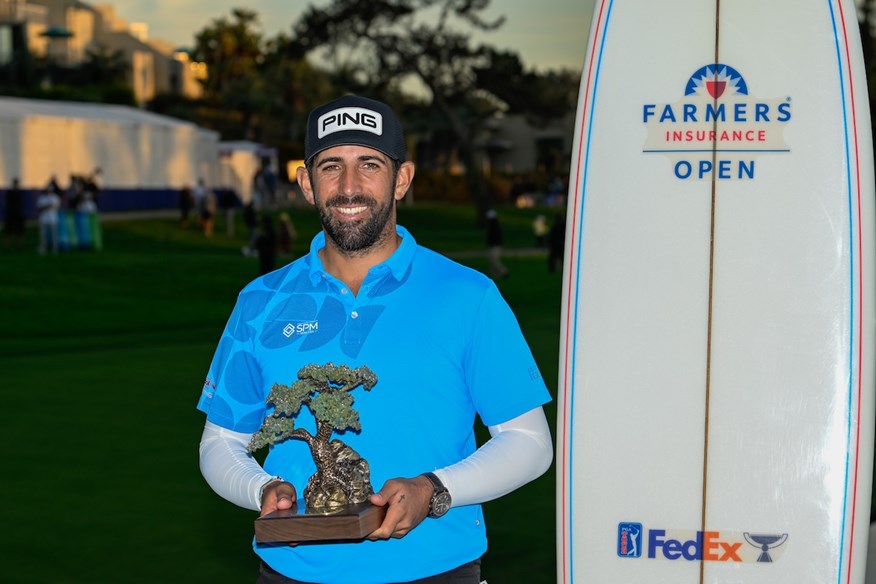 Matthieu Pavon with the Farmers Insurance Open trophy and prize.