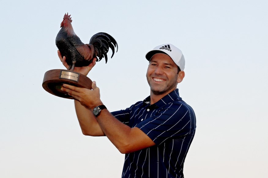 Sergio Garcia shows off the Sanderson Farms Championship trophy.