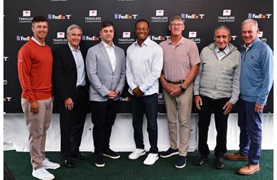 L-R: Adam Scott, Jay Monahan, new PGA Tour CEO Brian Rolapp, Tiger Woods, Michael Corbat, Arthur M Blank, Joe Gorder.