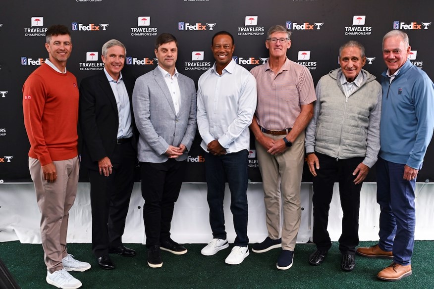 L-R: Adam Scott, Jay Monahan, new PGA Tour CEO Brian Rolapp, Tiger Woods, Michael Corbat, Arthur M Blank, Joe Gorder.