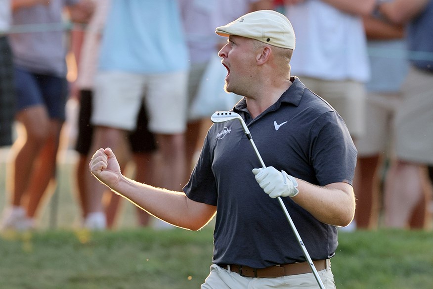 Harry Hall celebrates his first PGA Tour win at the ISCO Championship.