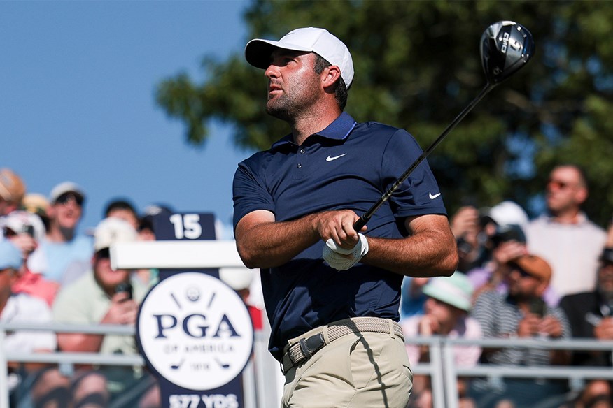 Scottie Scheffler uses a TaylorMade Qi10 driver with Fujikura Ventus shaft on the 15th tee at the PGA Championship