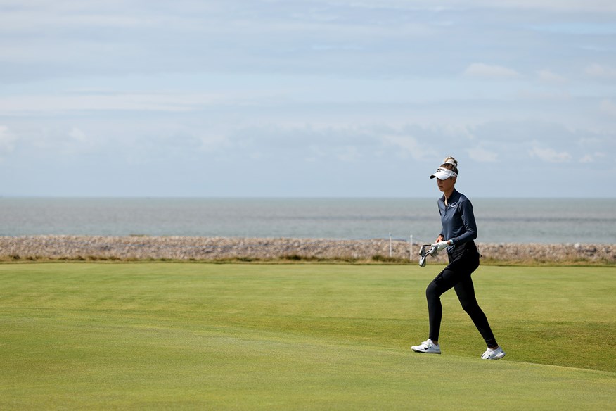Nelly Korda playing a practice round ahead of the 2025 AIG Women's Open at Royal Porthcawl