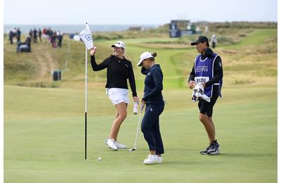 Mimi Rhodes made a crazy hole-in-one at the AIG Women's Open, with a little help from Steph Kyriacou's golf ball.