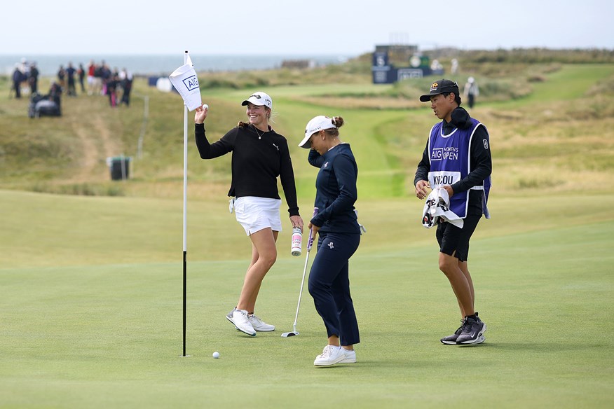 Mimi Rhodes made a crazy hole-in-one at the AIG Women's Open, with a little help from Steph Kyriacou's golf ball.