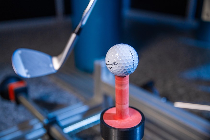 One of the 62 balls in our robot test prepares to be put through its paces with the wedge shot.
