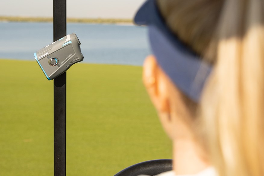 Magnetic BITE mounts on the Bushnell Tour Hybrid attach to virtually any surface you use on the course
