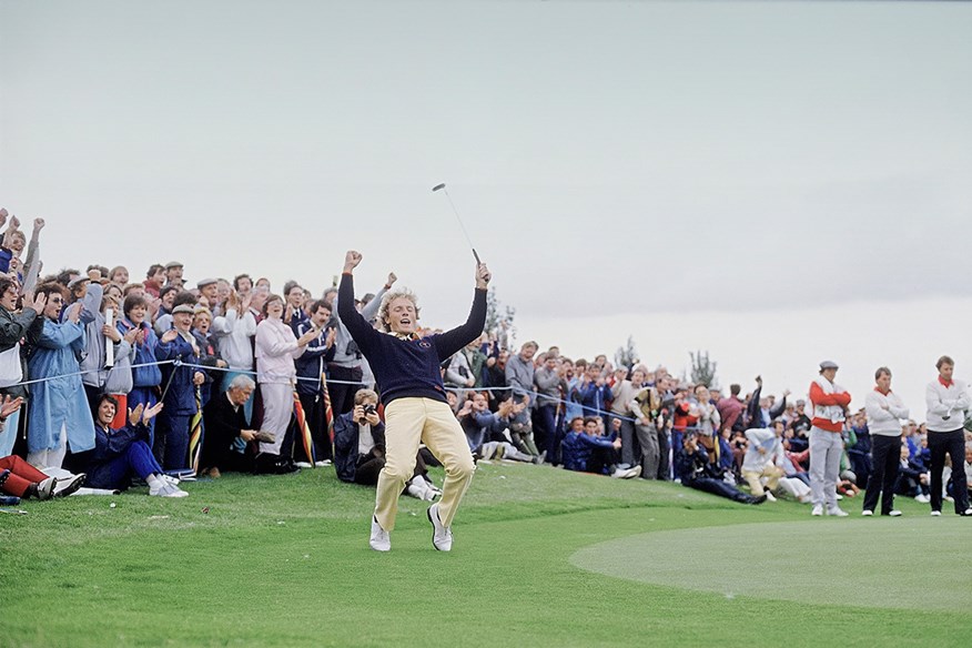 Bernhard Langer celebrates as Europe take a 9-7 lead.