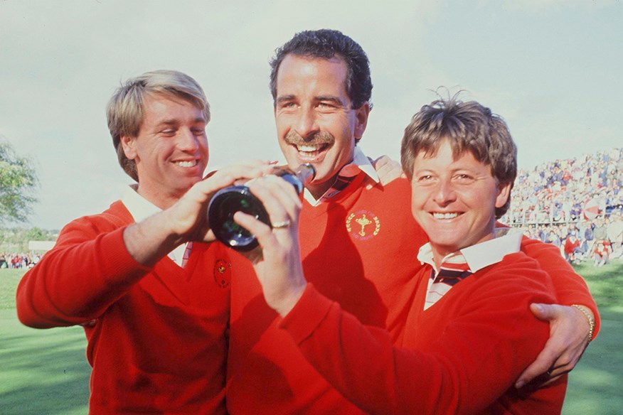 Paul Way, Sam Torrance, and Ian Woosnam celebrate winning the 1985 Ryder Cup.