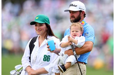 PGA Tour star and Ryder Cup player Cameron Young with wife Kelsey Dalition and son Henry at The Masters Par-3 Contest.