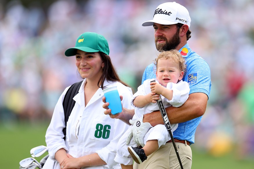 PGA Tour star and Ryder Cup player Cameron Young with wife Kelsey Dalition and son Henry at The Masters Par-3 Contest.