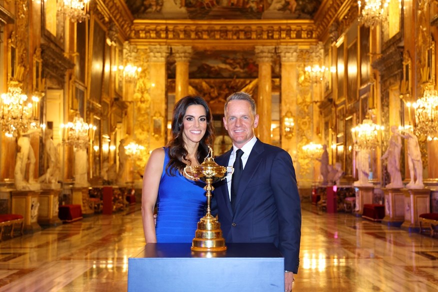 Luke Donald's wife Diane poses with the Ryder Cup trophy and 2023 and 2025 European captain.