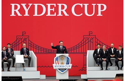 Keegan Bradley addressing the crowd at the Ryder Cup opening ceremony.