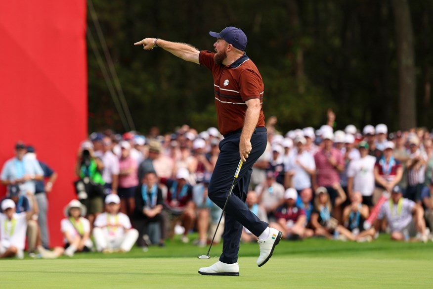 Shane Lowry shouting at the crowd at the 2025 Ryder Cup