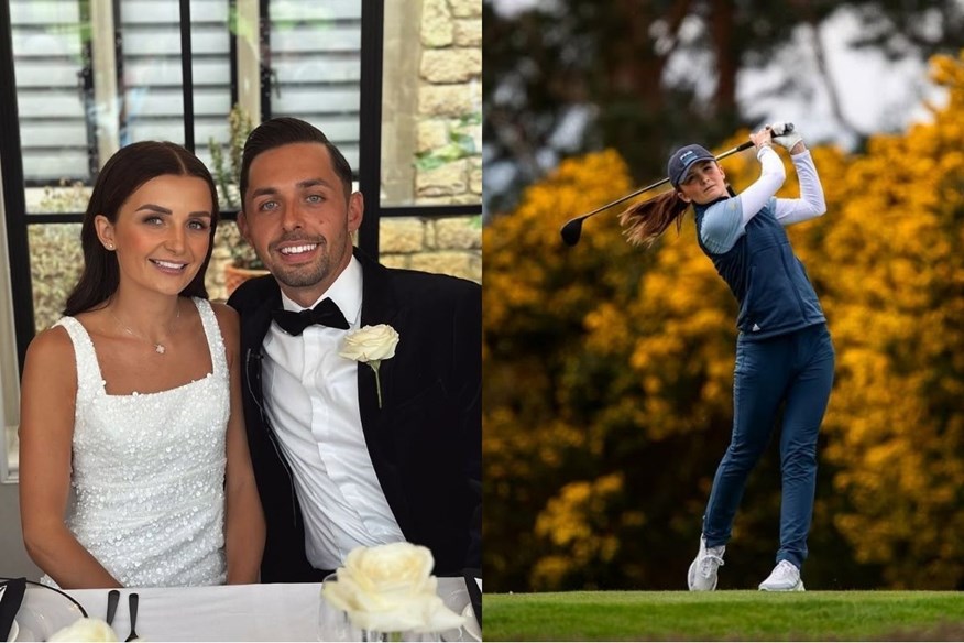 Sophie Lamb and Marco Penge on their wedding day (left), and in her playing days (right)