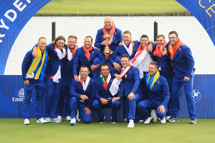 Team Europe celebrate their victory at the 2018 Ryder cup at Le Golf National.