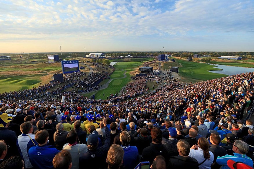 The view from the grandstand behind Le Golf National's 1st tee at the 2018 Ryder Cup.