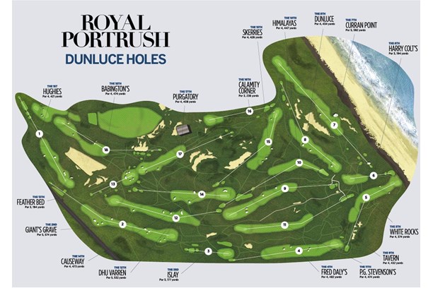 The holes and layout of Royal Portush Golf Club's Dunluce Course.