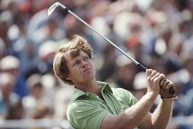 Tom Watson hitting a shot in a golf tournament in 1977