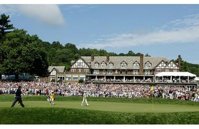 Phil Mickelson celebrates his chip onto the 18th green during the completion of the final round of the 2005 PGA Championship