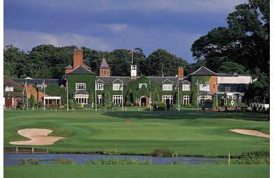 Par 4, 18th hole and clubhouse at the Brabazon Course at the Belfry