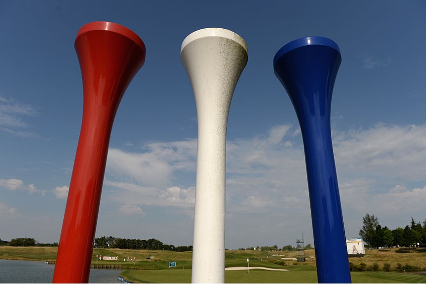 Giant Tee sculpture in the red, white and blue of France to mark the 2018 Ryder Cup behind the 18th green at Le Golf National on July 4, 2015 in Paris, France.