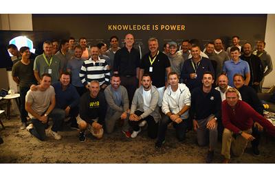 Rugby star Paul O'Connell and Darren Clarke pictured with the European Ryder Cup team, caddies and officials prior to the 2016 Ryder Cup 