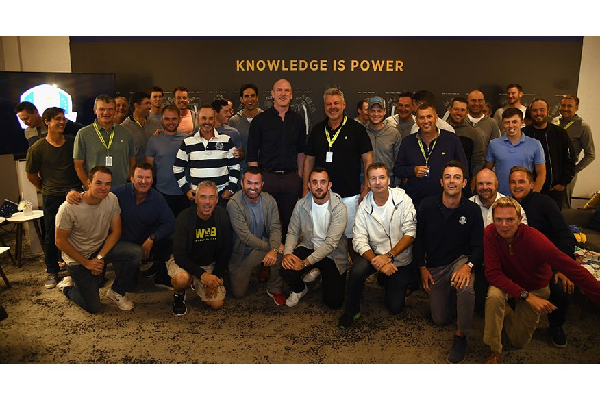 Rugby star Paul O'Connell and Darren Clarke pictured with the European Ryder Cup team, caddies and officials prior to the 2016 Ryder Cup 