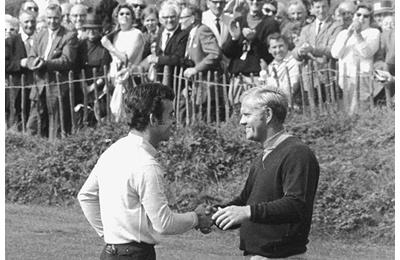 Tony Jacklin (left) of Great Britain and Jack Nicklaus of the USA congratulate each-other after jointly winning the Ryder Cup singles competition at Southport on 20th September 1969. 