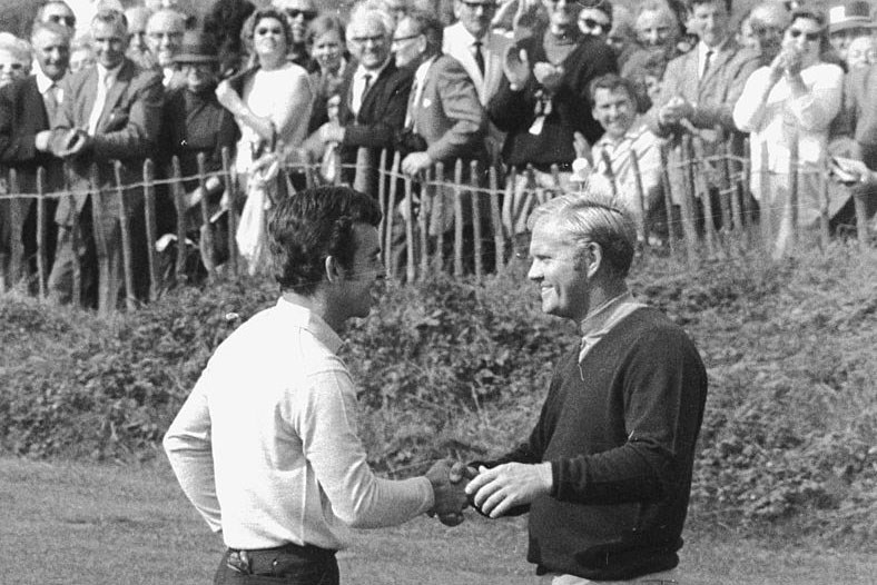 Tony Jacklin (left) of Great Britain and Jack Nicklaus of the USA congratulate each-other after jointly winning the Ryder Cup singles competition at Southport on 20th September 1969. 