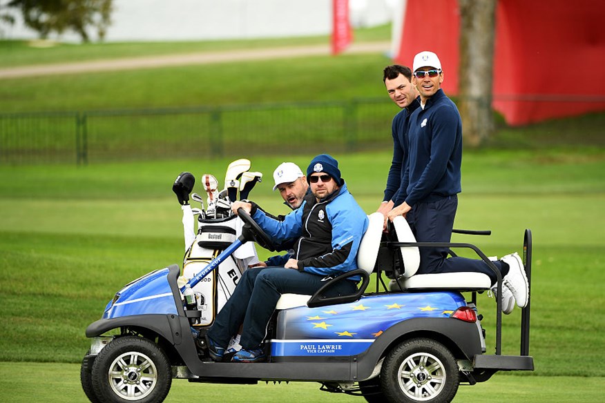  Martin Kaymer and Rafa Cabrera Bello of Europe ride a buggie during practice prior to the 2016 Ryder Cup at Hazeltine National Golf Club