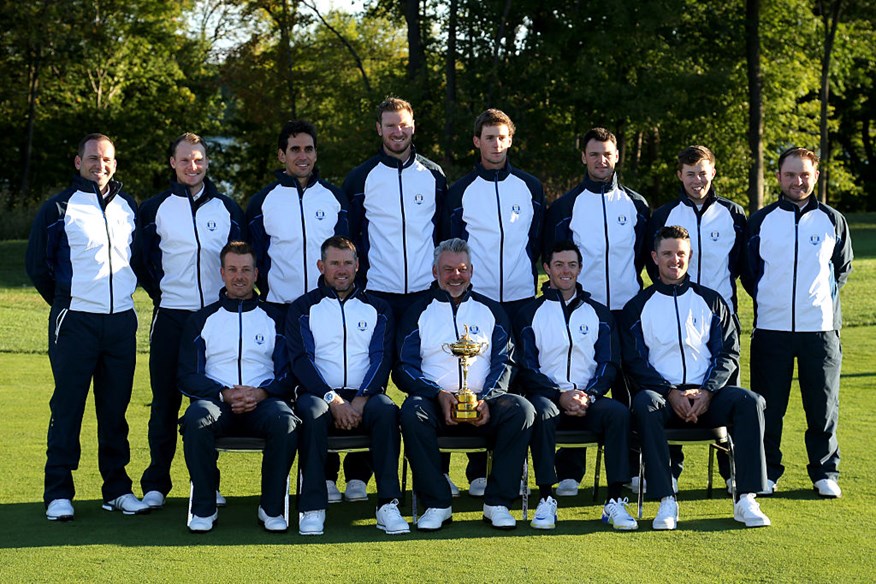 Henrik Stenson, Lee Westwood, captain Darren Clarke, Rory McIlroy, Justin Rose, (Back L-R) Sergio Garcia, Danny Willett, Rafa Cabrera Bello, Chris Wood, Thomas Pieters, Martin Kaymer, Matthew Fitzpatrick and Andy Sullivan of Europe pose during team photocalls prior to the 2016 Ryder Cup at Hazeltine National