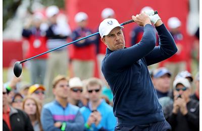 Henrik Stenson of Europe plays a shot during practice prior to the 2016 Ryder Cup at Hazeltine National