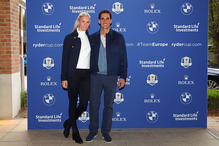 Rafa Cabrera Bello of Europe poses with his girlfriend Sofia Lundstedt as they depart the Hilton London Heathrow Airport Terminal 5 ahead of the 2016 Ryder Cup