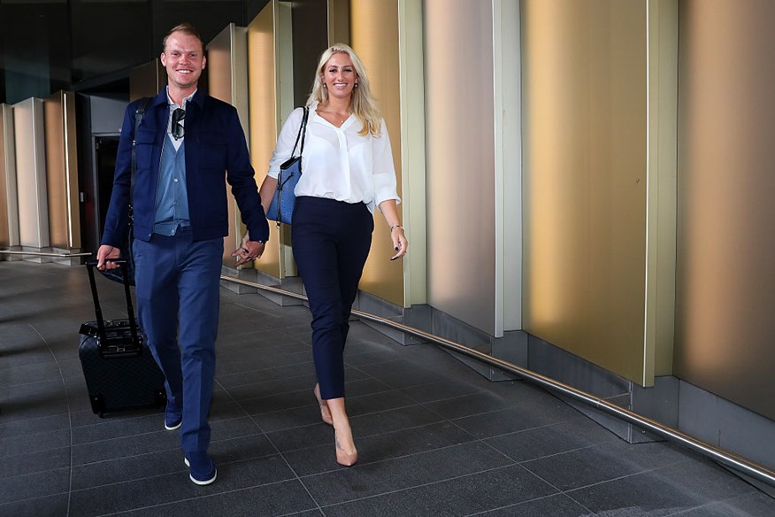 Danny Willett of Europe and his wife Nicole Willett before departing Heathrow Airport Terminal 5 ahead of the 2016 Ryder Cup