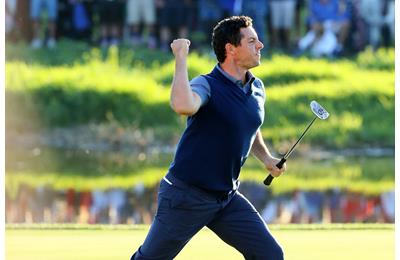 Rory McIlroy of Europe reacts on the 16th green after making a putt to win the match during afternoon fourball matches of the 2016 Ryder Cup at Hazeltine National 