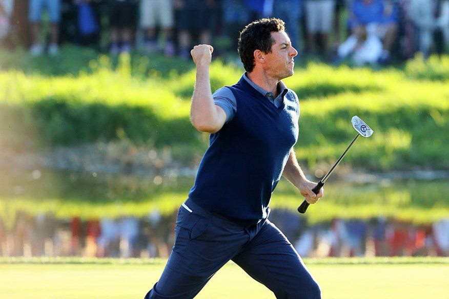 Rory McIlroy of Europe reacts on the 16th green after making a putt to win the match during afternoon fourball matches of the 2016 Ryder Cup at Hazeltine National 