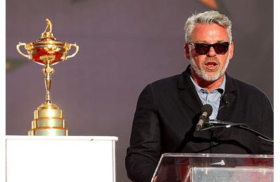 Captain Darren Clarke of Europe speaks during closing ceremonies after the singles matches of the 2016 Ryder Cup at Hazeltine