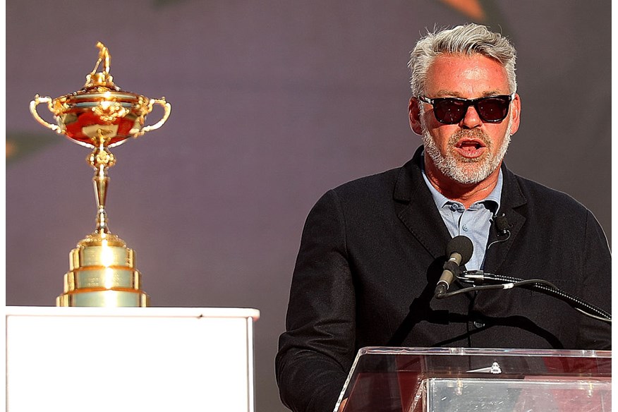 Captain Darren Clarke of Europe speaks during closing ceremonies after the singles matches of the 2016 Ryder Cup at Hazeltine