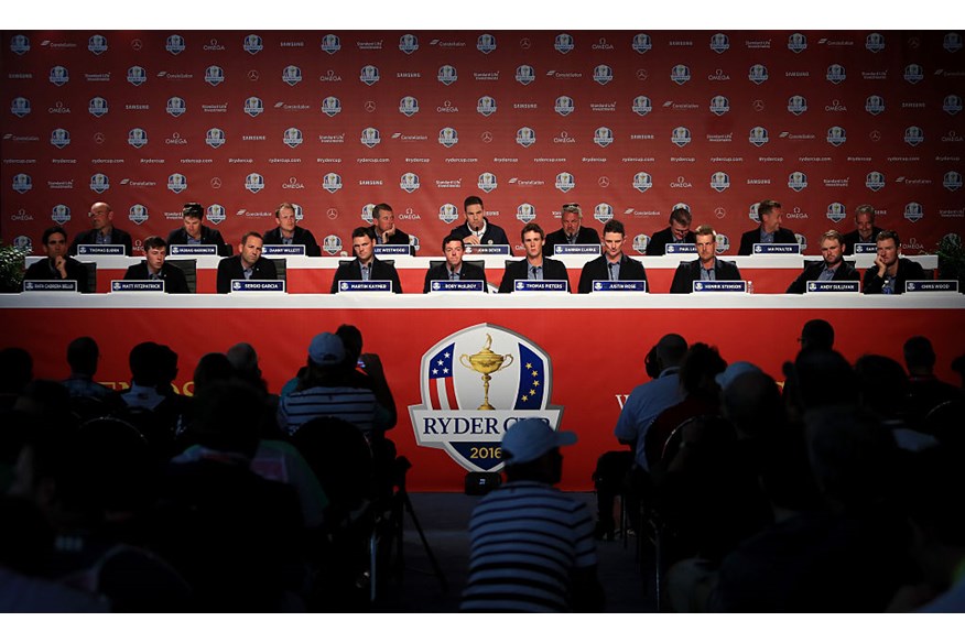 The European team speaks in a press conference after being defeated by the United States at the Ryder Cup