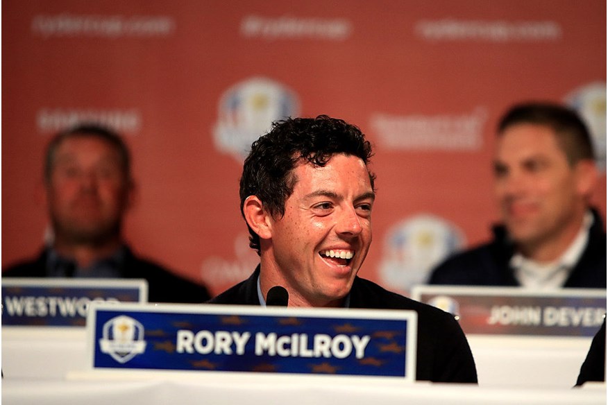 Rory McIlroy of Europe speaks