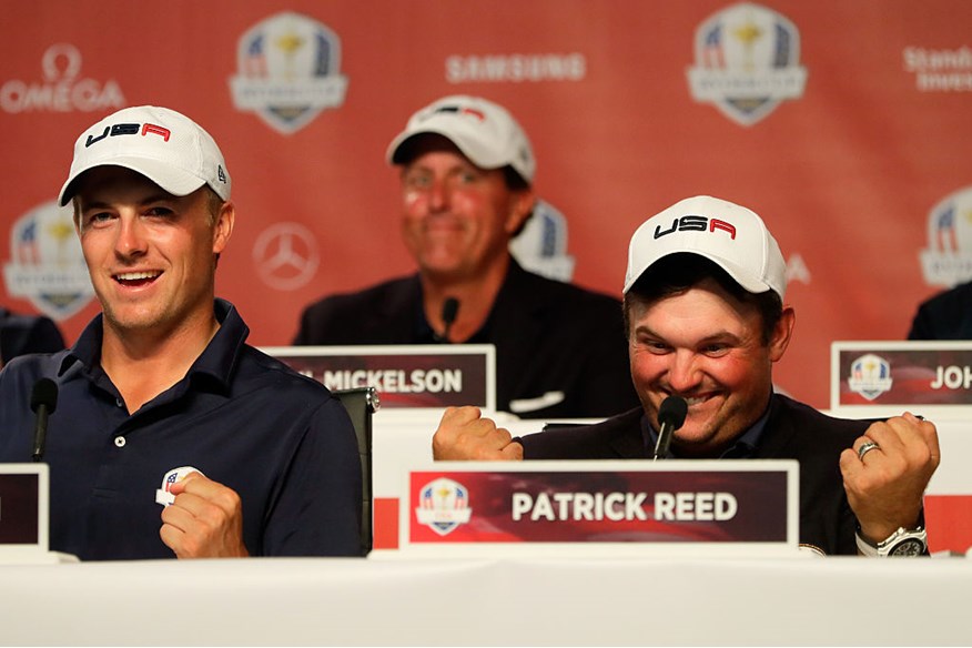 Patrick Reed speaks to the media