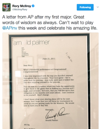 Rory McIlroy's letter from Arnold Palmer