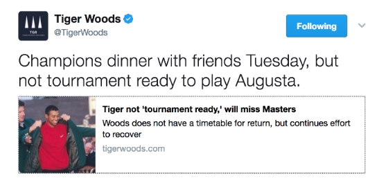 Tiger tweets that he will be going to the champions dinner