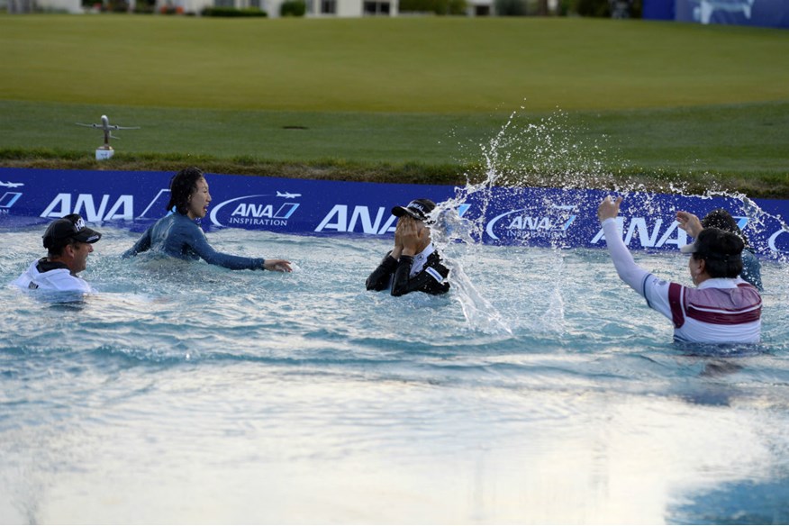 Ryu jumps in to the lake to celebrate win