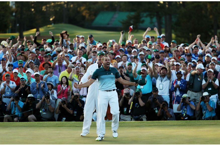 Sergio Garcia celebrates winning a play-off against Justin Rose at the 2017 Masters.