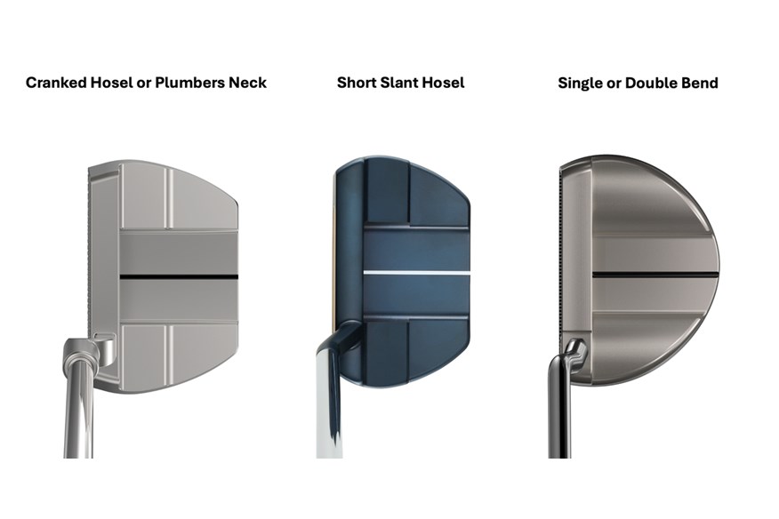 Three mallet putters to show the difference in shape and hosel design