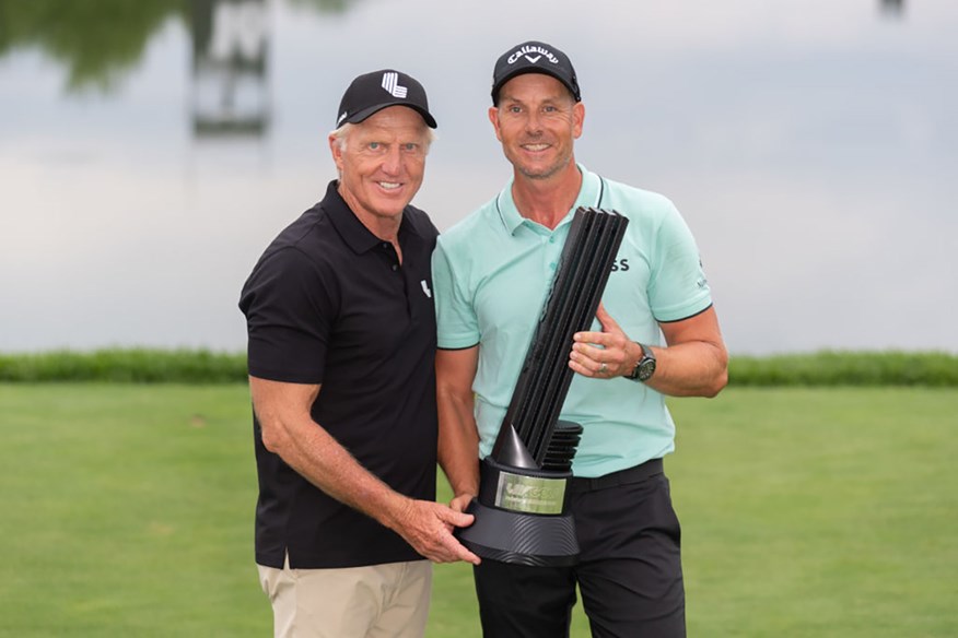 Henrik Stenson, pictured with Greg Norman, after winning on his LIV Golf debut at Trump National Bedminster.