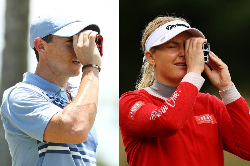 Rory McIlroy and Charley Hull check yardages with a golf laser rangefinder during practice rounds.